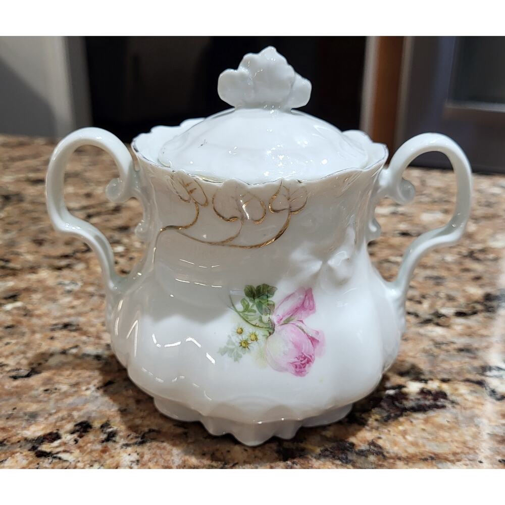 Antique Lehmann Leuchtenburg Germany Sugar Bowl Pink White Roses 2 handle - Picture 7 of 15